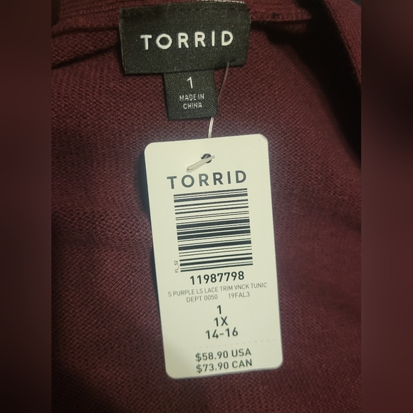Torrid Long Sleeve Lace Trim V-Neck Tunic Sweater Sz 1/1X New With Tag - Picture 8 of 11
